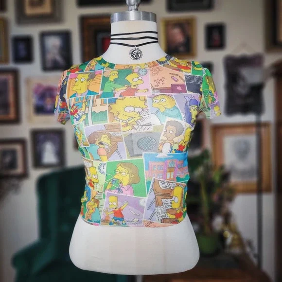 THE SIMPSONS Womens Sheer Crop Graphic Tee Short Sleeve Simpsons Print - S - Picture 2 of 7